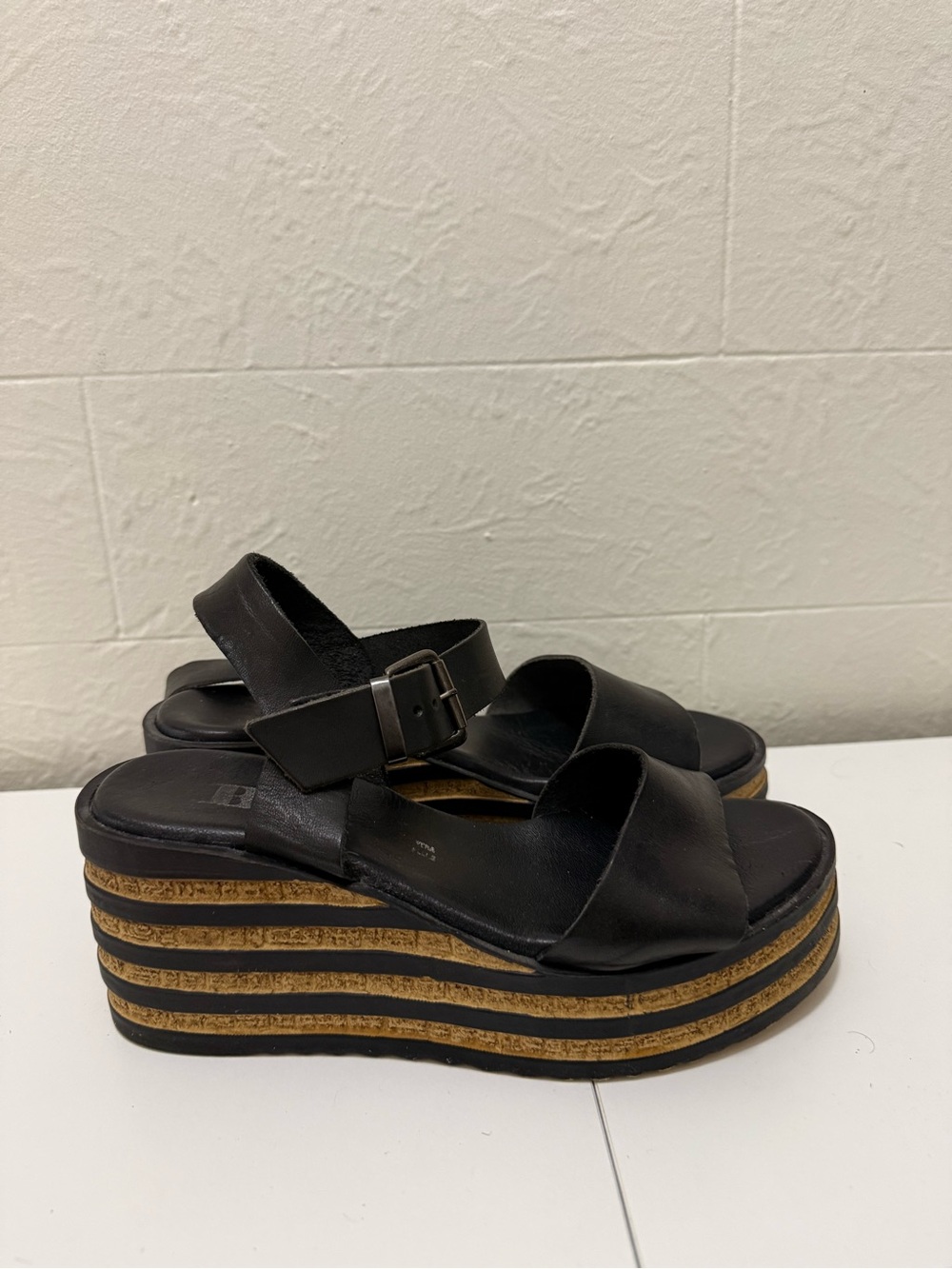 Women's Black Leather Platform Wedge Sandals with Buckle